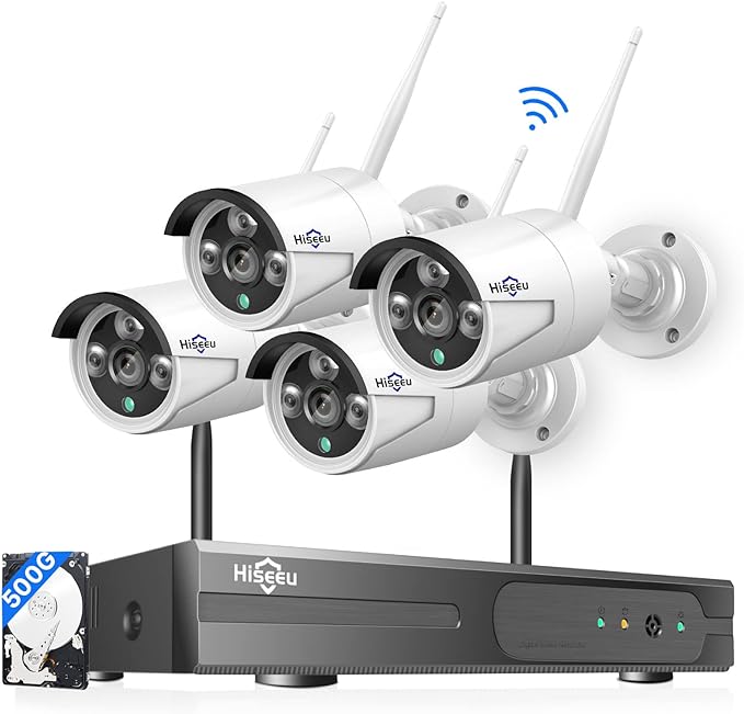 [500G Hard Drive] Hiseeu 5MP Wireless Security Camera System with One-Way Audio,4Pcs 5MP Outdoor/Indoor WiFi Surveillance Cameras, HD Video,Night Vision, Weatherproof,Motion Detection,DC12V Power Cord