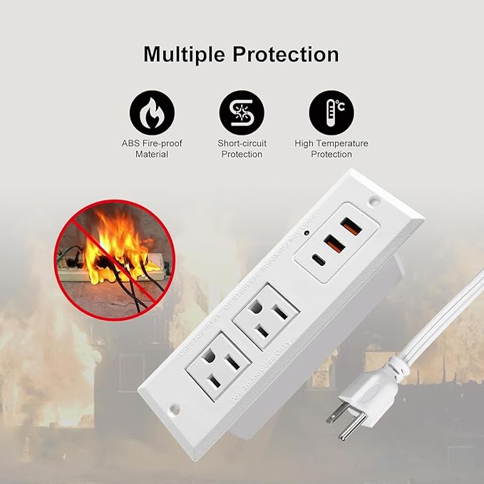 20W Recessed Power Strip USB C Fast Charge Desk Power Outlet Type C Flush Mounted Extension Power Plug for Conference Countertop Desktop Drawer Sofa ETL Listed 10ft Power Cord