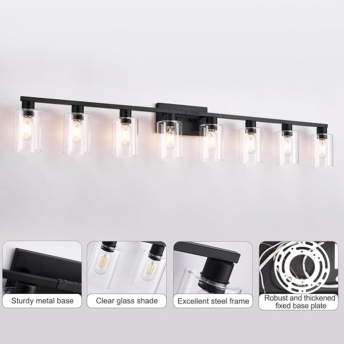 SOPEAS 8-Light Black Vanity Light Fixtures,Vanity Lights Clear Glass ShadeRust and Moisture Resistant Easy to Install Vanity Lights for Bathroom Light Over Mirror