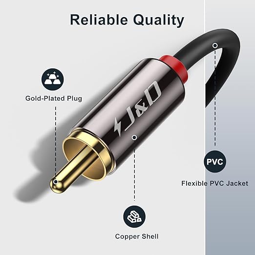 J&D 2 RCA M/M Stereo Audio Cable, Gold-Plated 2RCA Male to 2RCA Male Copper Shell Auxiliary Audio Cord for Home Theater HDTV Amplifiers Hi-Fi Systems Speakers, RCA Audio Cables, 25 Feet