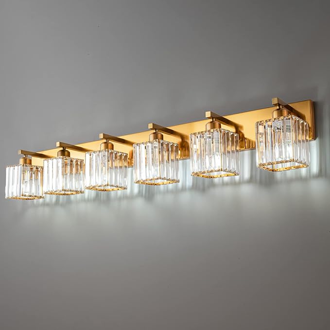 FDPBY Modern 6-Light Gold Brushed Brass Finish Crystal Wall Light for Bathroom Vanity