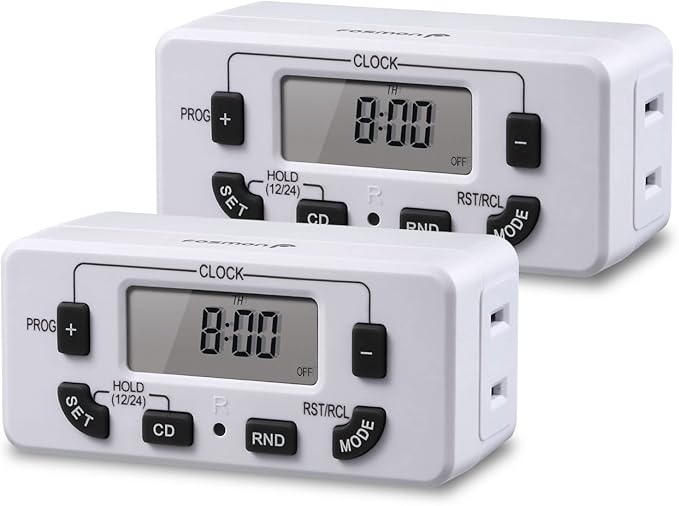 Fosmon 7 Day Digital Timers for Electrical Outlets, Indoor Plug-in Light Timers Switch Programmable, Electric Wall Plug for Grow/Reptile Light, Lamp, Appliance, Aquarium, Fish Tank - 2 Pack