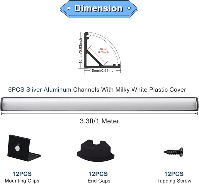 VST 6Pack 3.3 ft Black LED Aluminum Channel with Milky White Cover V Shape 16x16mm, Led Strip Light Track with Accessories for Led Strip Lights in Home Lighting