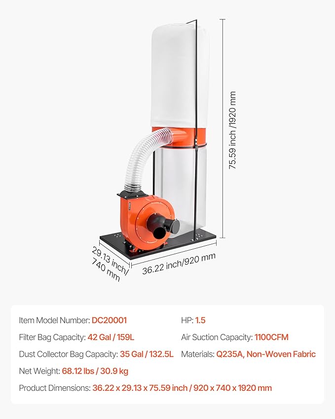 VEVOR Dust Collector, 1100 CFM 2.5 Micron Vortex Cone Dust Collectors, 1.5HP Sawdust Collection System with 35-Gallon Dusts Collector Bag & 42-Gallon Filter Bag, 3400 RPM High Speed, for Woodworking