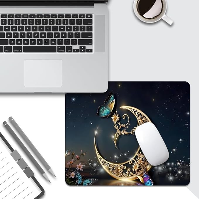 Golden Retro Fantasy Starry Moon Butterfly Square Mouse pad, Texture, Waterproof, Anti Slip Rubber Base, Computer Mouse pad