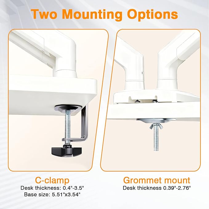 XEVKZO Dual Monitor Arms, Gas Spring Monitor Arms for 2 Monitors up to 34" Curved/Flat, 22lbs per Arm, VESA Mount 75x75 100x100mm, C-Clamp & Grommet Base, Adjustable Tilt/Swivel/Rotation White