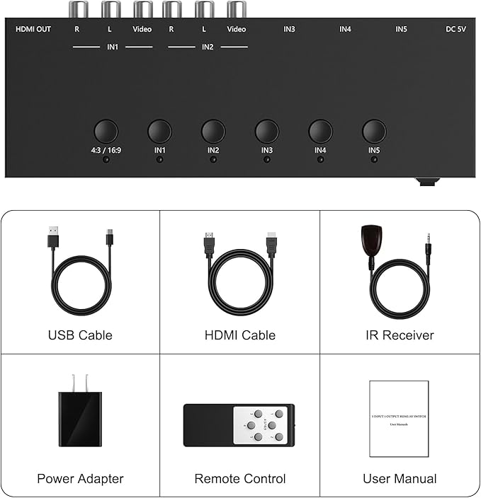 ZUZONG 2 AV to HDMI Converter + 3 HDMI2.0 Switcher(2 in 1) 2 Way RCA Composite to HDMI Adapter Support 4:3/16:9 Switching for N64 NGC WII Xbox PS2/3/4/5 DVD Xbox Series/ONE Switch/OLED