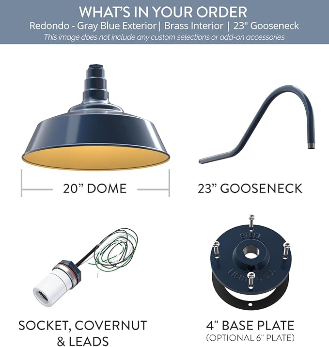 Steel Lighting Co. Large Outdoor Barn Light | Gooseneck Light Fixture | Made in America from 18-Gauge Steel | 20" Dome | 23" Gooseneck Gray Blue Exterior/Brass Interior