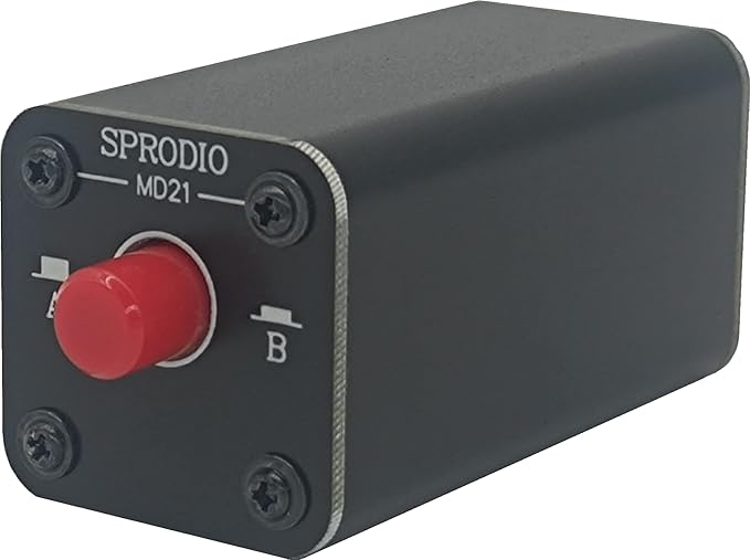 SPRODIO 2 Port Stereo 3.5mm Audio switcher selector Box Passive 1/8 TRS A/B Switch with Ground Switching MD21