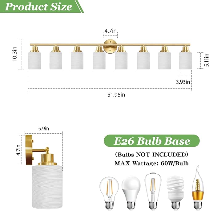 Guliaofo 8-Light Vanity Lights, Brushed Gold Bathroom Light Fixture with Striped Textured Milky White Glass Shade, Modern Vanity Lighting Fixture for Bathroom Wall Light Over Mirror, E26 Wall Sconce