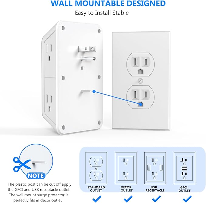 3 Pack Surge Protector Outlet Extender, 6 Outlet Splitter with 4 USB Ports (2 USB C), Multi Plug Wall Outlet 1050J Power Strip, USB Wall Charger for Home Office Kitchen Travel