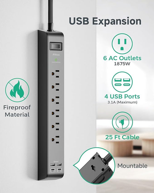 2 Pack Surge Protector Power Strip with 6 Outlets 4 USB Ports (2 USB C) 25-Foot Extension Cord Flat Plug 900 Joules 15A Circuit Breaker Wall Mount Desk USB Charging Station for Home Office