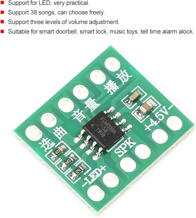 flexman 2Pcs Music Chip DIY Module, Sound Chip with Three Levels of Volume Adjustment, LED Chip Support 38 Songs for Smart Doorbell, Smart Lock, Music Toys, Tell Time Alarm Alock