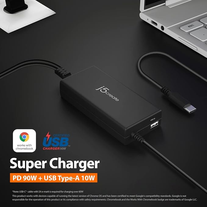 j5create USB Type C Super Charger PD 90W + USB Type A 10W Fast Charging for Chromebook, Laptop, MacBook Pro 13” (JUP2290C)