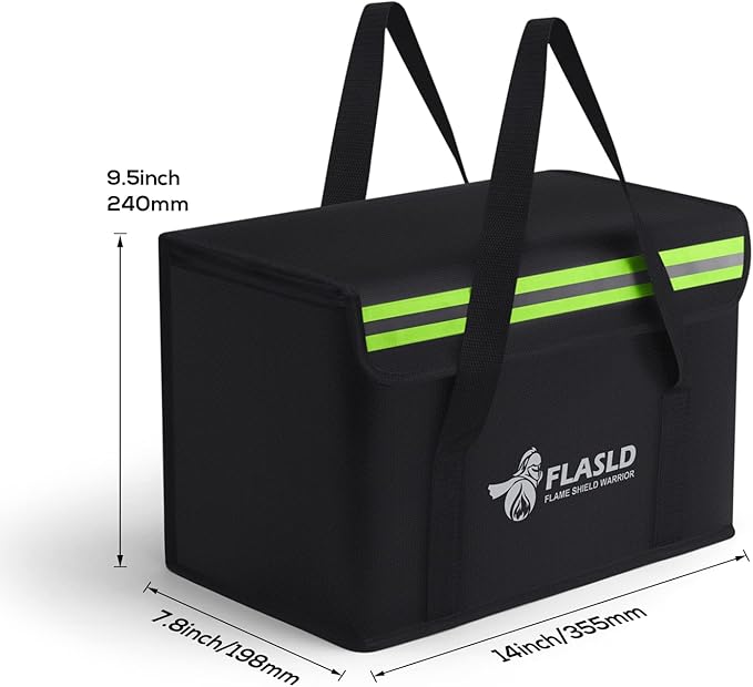 FLASLD Large Fireproof Lipo Bag for 100Ah Lithium Battery Storage and Charging, 14 x 7.8 x 9.5in Waterproof Box for Documents and Valuables