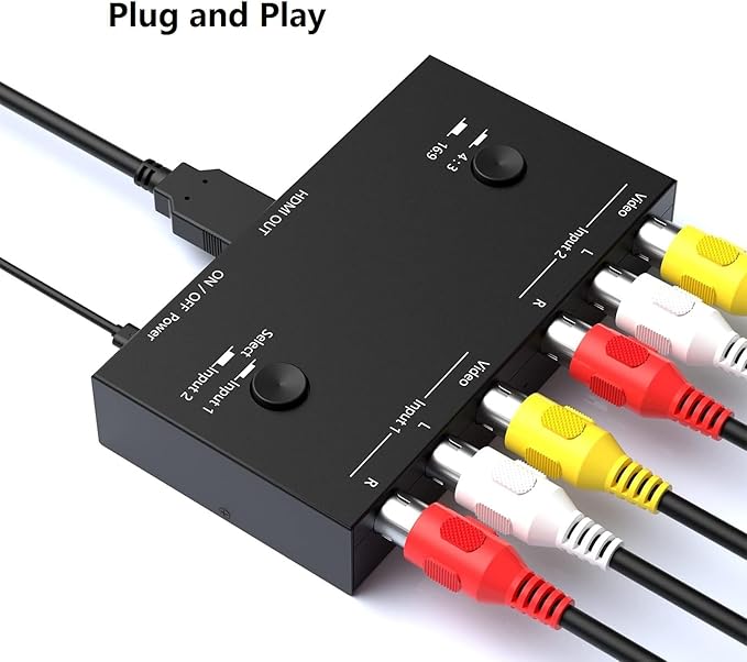 Azduou 2 AV to HDMI, 1080P/720P TV 2 Way RCA Composite CVBS AV Switch to HDMI Video Audio Converter Adapter Support 4:3/16:9 Switching, for Sega Xbox PS2 PS3 N64 NGC SNES WII VHS VCR Camera DVD