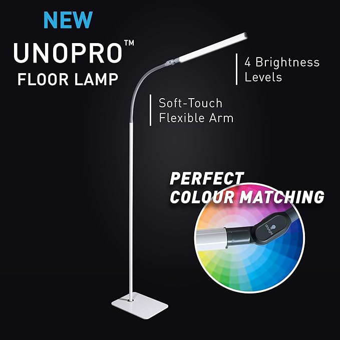Daylight Floor lamp Uno Pro, Standing Lamp for Living Room, Bedroom, Salon, Office, Touch Control, Flexible Arm, Sleek Design, White
