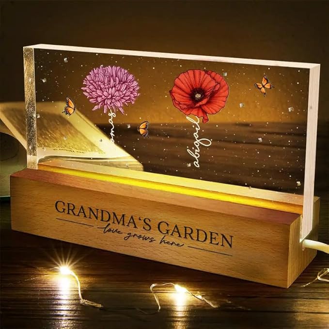 Peties.com Personalized Rectangle LED Light - Birthday Keepsake, Family Home Décor, Meaningful Gift for Grandma, Mother’s Day or Christmas Gift - Grandma's Garden Birth Month Flowers