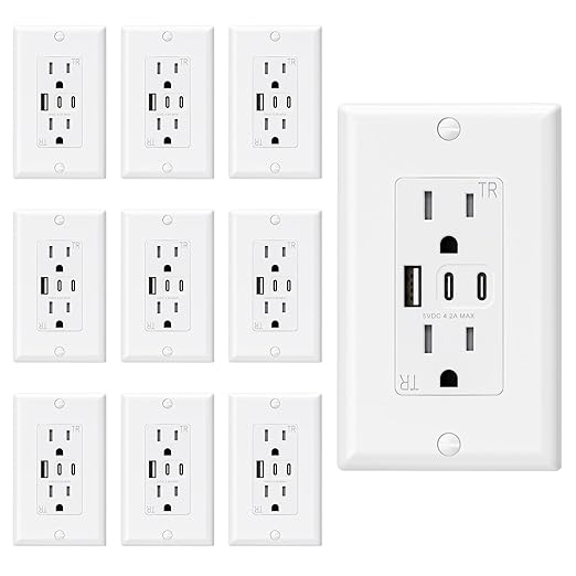 ELEGRP USB Outlets, 15 Amp Wall Outlet with 3 USB Ports, Dual USB C Ports Outlets, TR Tamper-Resistant USB Outlets Receptacles, Wall Plate Included, UL/CUL Listed, 10 Pack, White