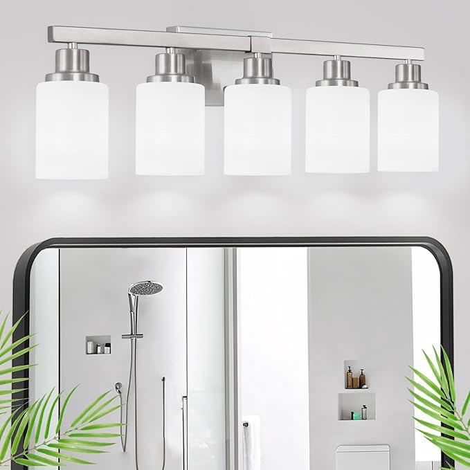 DIKAIDA 5-Light Bathroom Light Fixtures, 30" Nickel Bathroom Vanity Light with Milky White Glass Shade, Modern Bathroom Wall Lights Over Mirror, Farmhouse Wall Sconces Lighting for Bedroom Living Room