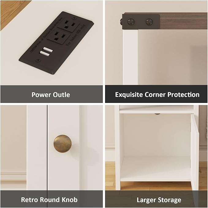 HOSEOKA Farmhouse Nightstand Set of 2 with Charging Station, Rustic End Table Bedroom with Storage Living Room Side Table White Night Stand Industrial Bedside Bed Table with USB Ports and Outlets