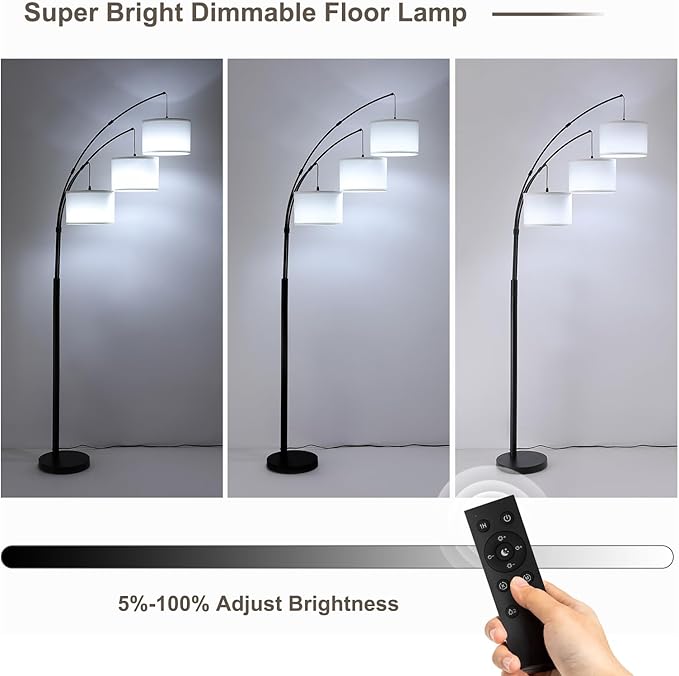Fansdrick Floor lamp with Remote, 3 Light Arc Floor Lamps for Living Room, 2400LM Tall Standing Floor Lamps with White Shades, 80" Large Floor Lamp for Bedroom, Office