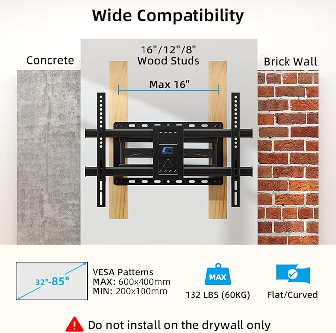 HOME VISION Full Motion TV Wall Mount for 32-85 inch TVs up to 132lbs, Fits 8”/ 12” /16” Wood Studs, TV Mount Wall Bracket with Dual Articulating Arms, Swivel, Tilt, Max VESA 600x400mm
