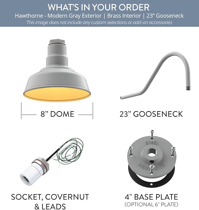 Steel Lighting Co. Hawthorne Barn Light | Outdoor Wall Mounted | 8 inch Dome | 23" Gooseneck | Small Farmhouse Light Made in America | Modern Gray Exterior/Brass Interior