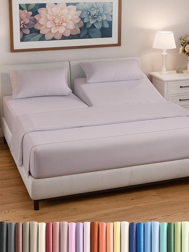 Split Head King Sheet Set – 4 Piece Flex Split Top King Sheets for Adjustable Beds - Fits 14” to 16" Mattress w/ Deep Pockets - Breathable & Cooling - Luxury Bedding and Wrinkle Free - Lavender Pink