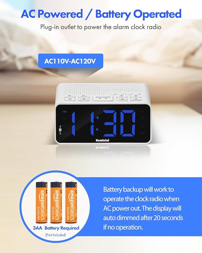 Homicial Digital Alarm Clock Radio with AM/FM Radio, Multi-Colors 1.4” LED Digits, Preset, Sleep Timer and Clear Display with Dimmer for Bedroom Bedside, Outlet Powered with Battery Backup (White)
