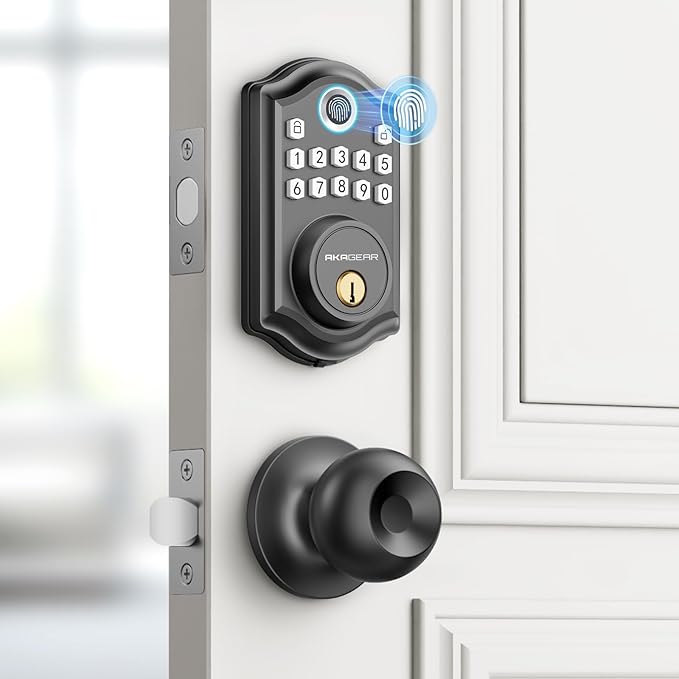 AkaGear DS10 Keyless Entry Door Lock with Door Knob, Fingerprint Door Lock, Electronic Keypad Deadbolt, Smart Door Lock, Smart Locks for Front Door, Auto-Lock - Matte Black