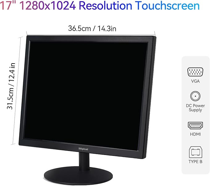 SKitphrati 17" Square 1280x1024 10-Point Multi Touch Screen Monitor with HDMI, VGA, Type B Ports, 75Hz, 5:4 Aspect Ratio, VESA Wall Mountable, PC Touch Monitor for PC POS Machine Windows