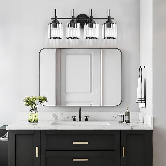 EJIAXIN 4 Light Round Crystal Vanity Lights, Modern Black Crystal Wall Light Bath Mirror Light Fixture Over Mirror Bathroom Wall Sconces for Bathroom Living Room