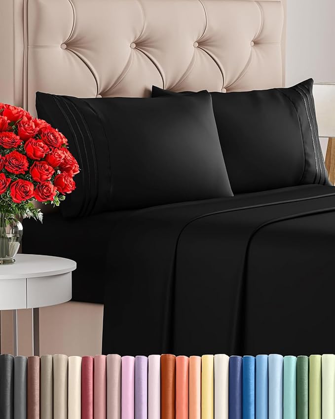Full Size 4 Piece Sheet Set - Comfy Breathable & Cooling Bed Sheets Set - Hotel Luxury Bedding for Women, Men, Kids, Teens, Boys & Girls - Deep Pockets, Ultra-Soft and Wrinkle Free - Oeko-Tex - Black