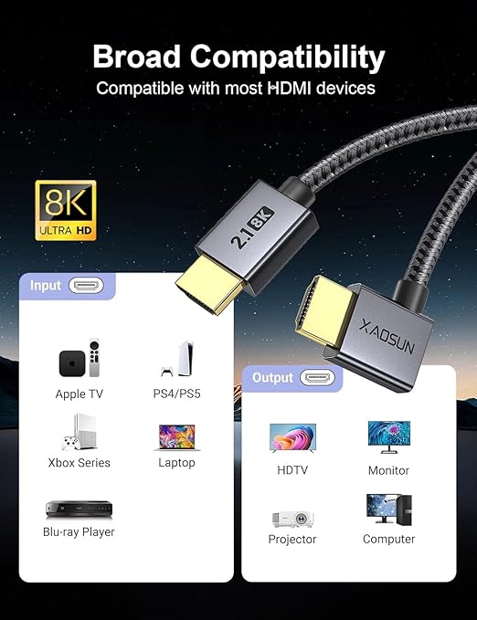 XAOSUN HDMI 2.1 Cable Right Angle 3.3FT, 48Gbps Ultra High Speed HDMI Cord 8K@60Hz 4K@120Hz Dynamic HDR eARC HDCP 2.2& 2.3 HDR10, Compatible with ps5,ps4,x-Box,roku TV,HDTV,Blu-ray,lg,Samsung