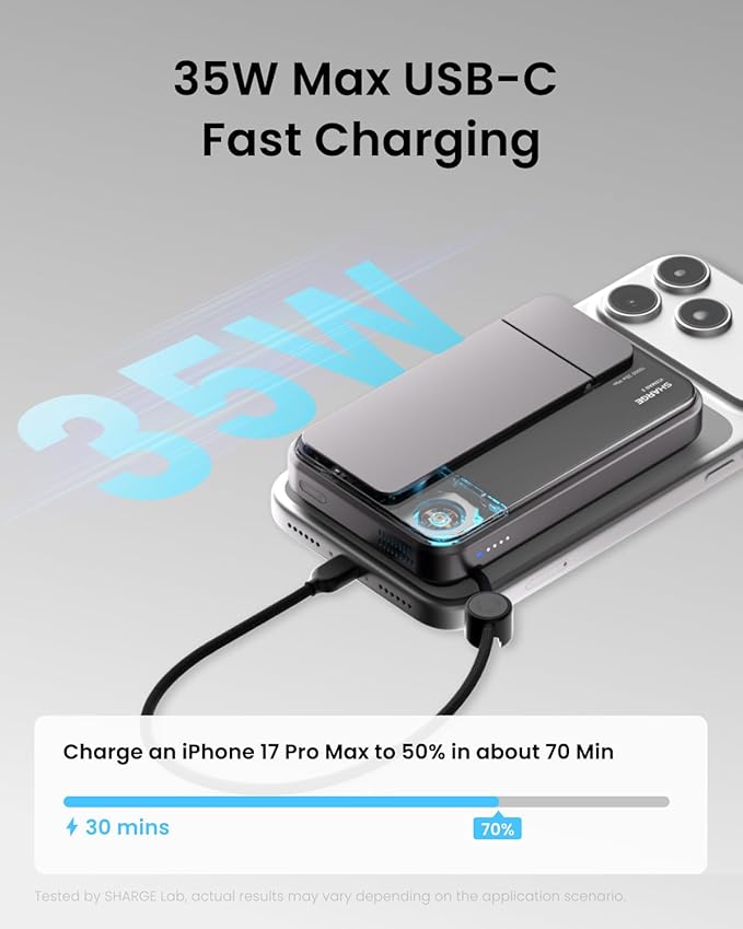 sharge ICEMAG 3 MagSafe Portable Charger, Qi2 25W Magnetic Power Bank 10000mAh 35W USB-C Fast Charging, with Active Cooling& Built-in Cable, Transparent RGB Design for iPhone 17/16/15/14 Series