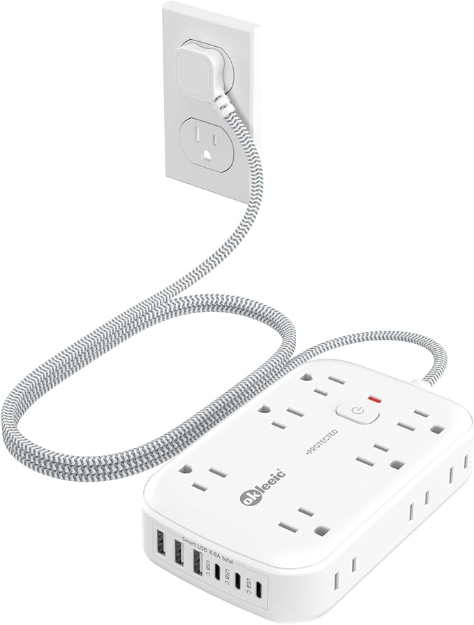 Power Strip with USB, 2100J Surge Protector Flat Plug Extension Cord 5ft, 12 Outlets & 6 USB(3 USB C)Charging Station, 3 Side Outlet Extender Wall Mountable for Tablet Laptop Computer Multiple Devices