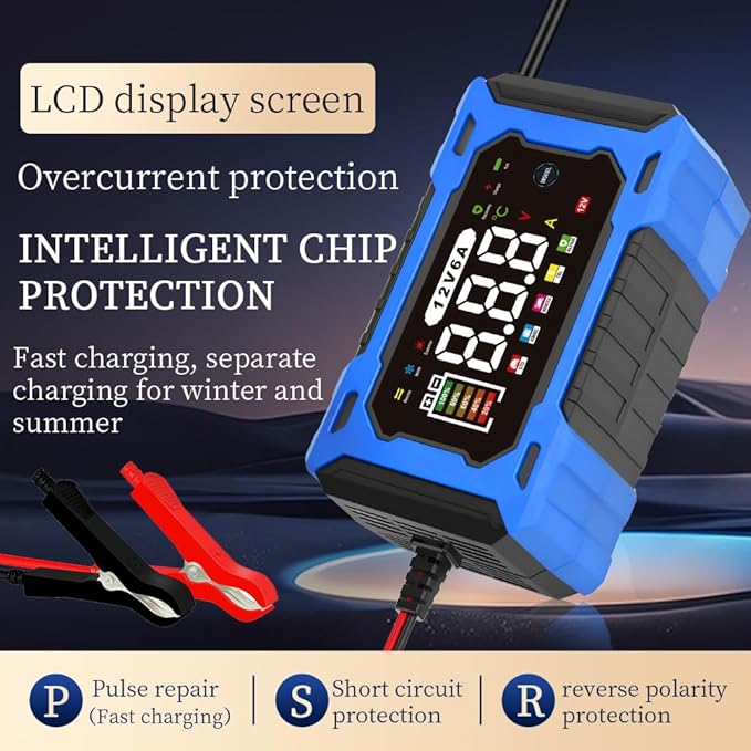 6-Amp 12V Smart Car Battery Charger, Battery Maintainer Trickle Charger with Desulfator, Pulse Repair & Overcharge Protection - for Car Lawn Mower Marine Lead-Acid Batteries (Blue)