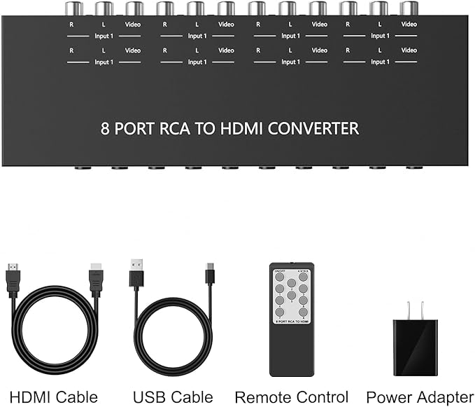 8 Port RCA to HDMI Converter 1080P/720P RCA Composite CVBS AV Switch to HDMI Converter Adapter Support 4:3/16:9 Switch, for Sega Xbox PS1 PS2 PS3 N64 NGC SNES WII VHS VCR Camera DVD(With Remote）