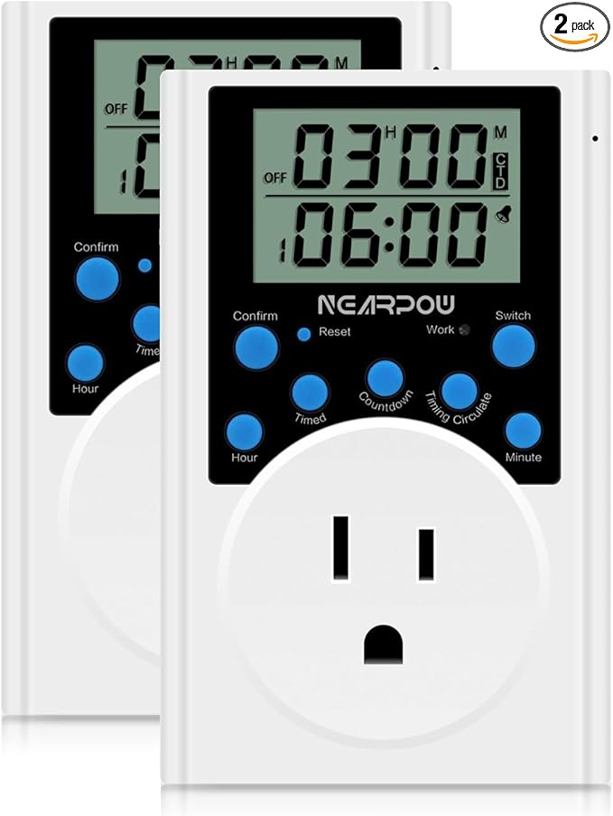 [2 Pack] Timer Outlet, Nearpow Multifunctional Infinite Cycle Programmable Plug-in Digital Timer Switch with 3-Prong Outlet for Appliances, Energy-Saving Timer, 15A/1800W