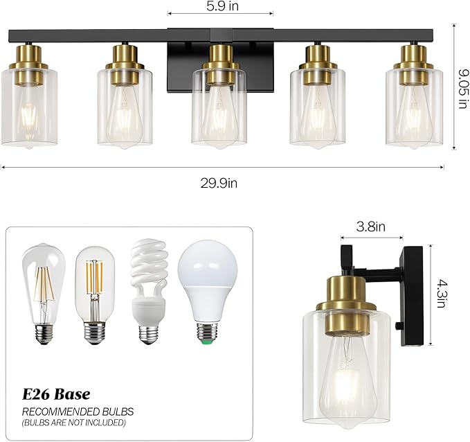 DIKAIDA 5-Light Black and Gold Bathroom Vanity Light, 30" Modern Vanity Lighting Fixture, Bathroom Light Fixtures, Wall Sconces with Clear Glass Shade, Black Bathroom Wall Light Over Mirror