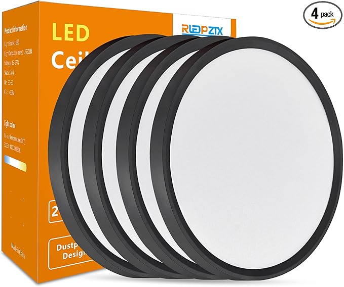 RLEDPZTX Led Flush Mount Ceiling Light,16 Inch 32w 3480lm,3000k/4000k/6000k 3CCT Selectable, Round Modern Flat Panel Super Slim Led Ceiling Light,for Living Dining Kitchen Bedroom Room (4Pack-Black)