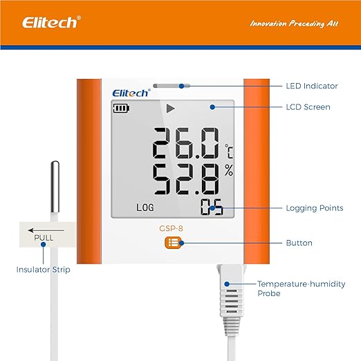 Elitech 100,000 Points Digital Temperature Humidity Data Logger Medical Refrigerator Thermometer Vaccine Fridge Temperature Monitor Max Min Average Value GSP-8