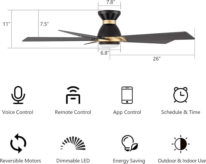 SMAAIR 52 Inch Smart Ceiling Fan with Light and Remote, Flush Mount Modern Ceiling Fan with lights,Compatible with Alexa/Google Assistant/Siri,Timer and Schedule,10 Speed DC Motor,Black/Gold