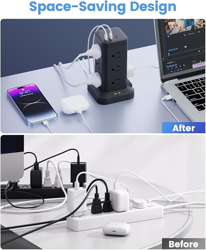 Tagzilo 15-in-1 Power Strip Tower with Surge Protector 1800J, Fast Charging Tower PD20W USB-C Ports with 12 AC Outlets, 15ft Extension Cord for Home Office Dorm Room, Black
