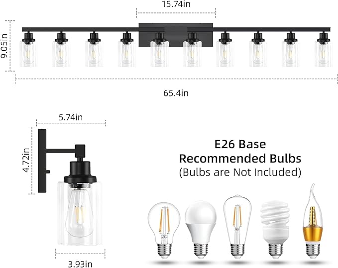 DIKAIDA 10 Light Bathroom Vanity Lights Over Mirror, 65.4inch Black Vanity Lights Fixtures Matte Black Modern Vanity Lights Black Bathroom Wall Lighting for Mirror Bedroom,Living Room