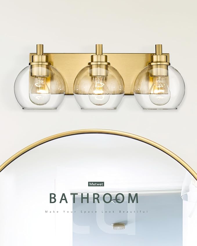 METWET Bathroom Light Fixtures, 3-Light Brushed Gold Vanity Light, Modern Wall Sconces with Clear Glass Globe Shade, Bathroom Wall Lights for Mirror Kitchen Bedroom Hallway Living Room, VL195-GD-3