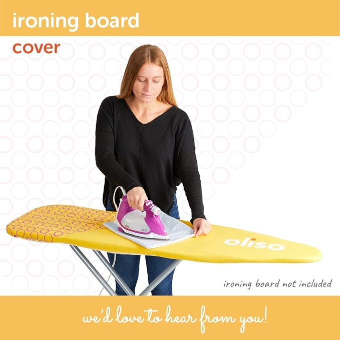 oliso Ironing Board Cover – 100% Cotton with Professional Felt Pad, Fits Standard 54" x 15" Boards – Secure Fit with Wide Elastic Edge & Adjustable Straps – Yellow