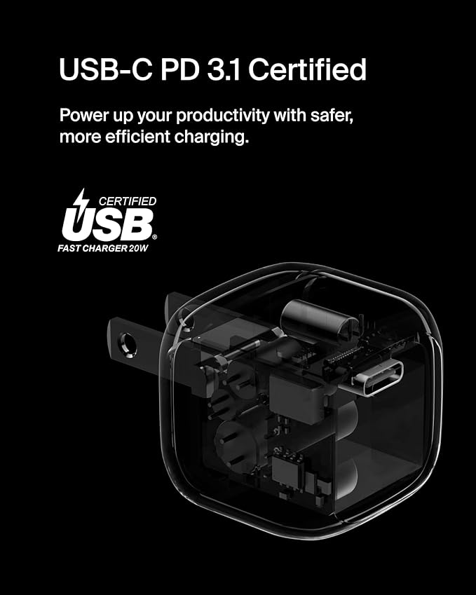 Belkin USB C Charger Block 20W, Fast Charging Block, Type C Wall Charger, Compatible w/Apple iPhone 17, Air, Pro, AirPods, Apple Watch, Samsung Galaxy S25, Google Pixel 10, iPad,etc - White
