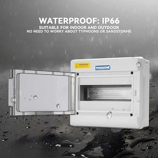 Mollom 9 Way Power Distribution Box with Bus Bars and Din Rail for Miniature Circuit Breaker MCB, Waterproof IP66.Padlock Available for Indoor and Outdoor Use